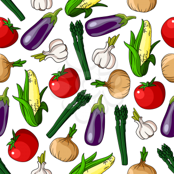 Colorful pattern of eggplants and corn cobs, tomatoes and asparagus, onions and garlic vegetables. Seamless pattern background