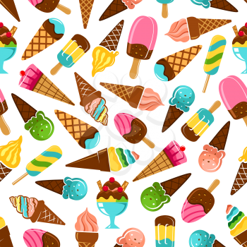 Ice cream desserts seamless pattern of vanilla and caramel, mint, pistachio and fruity flavored ice cream scoops and waffle cones, rainbow popsicles on sticks and sundae ice cream  with chocolate