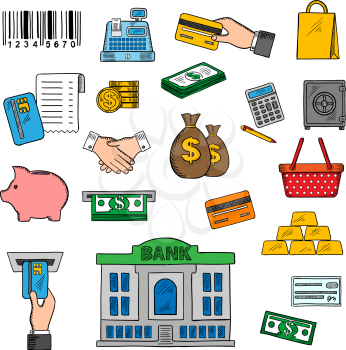 Business and retail symbols with credit cards, money bills and coins, money bags and bank, basket and paper bag, calculator and piggy bank, gold bars and safe, handshake, barcode and cash register