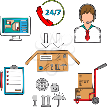 Delivery, shipping and logistics icons with symbols of delivery and packaging, call center operator and clipboard, navigation map marked with pointers, hand truck with packages and customer support