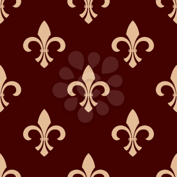 Medieval heraldic floral seamless pattern for interior wallpaper design with delicate beige fleur-de-lis ornament over brown background
