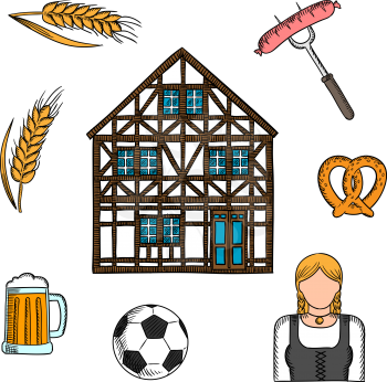 Bavarian culture icons with beer and pretzel, grilled sausages, football or soccer ball, girl in national dress dirndl, traditional german house and cereal ears. For travel or Oktoberfest design