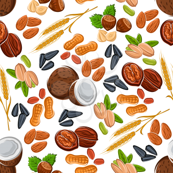 Wholesome nuts and seeds, legumes and cereal seamless pattern of almonds and hazelnuts, peanuts and pistachios, coconuts and walnuts, wheat ears and sunflower seeds