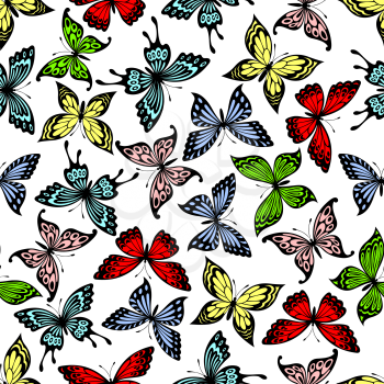 Colorful pattern with seamless background of bright flying red and green, yellow and blue butterflies