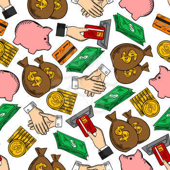 Business and finance seamless pattern with dollar bills and piles of gold coins, handshakes and moneybags, credit cards with ATM and piggy banks. Banking, currency, business themes