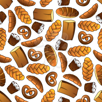 Appetizing bakery and pastry seamless pattern of golden long loaves and whole grain bread, glazed cupcakes with raisins, french croissants, salted pretzels and sweet buns with poppy seeds. Cafe and ba