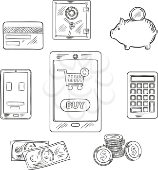 Online shopping and finance sketch concept design with tablet pc with shopping cart and button Buy on the screen, surrounded by dollar bills and coins, smartphone, calculator, piggy bank with money an