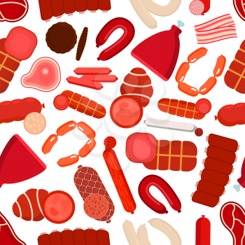 Healthy farm meat and sausages background with seamless pattern of beef steaks and pork ribs, sliced bacon and burger patties, ham and salami, pepperoni, bologna and liver sausages
