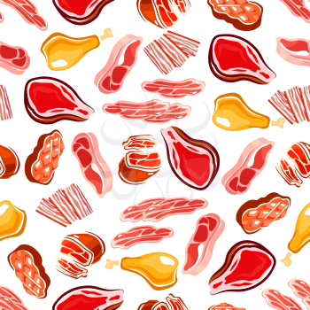Fresh meat products seamless pattern for butcher shop, restaurant grill menu or background design with grilled beef steaks and fried chicken legs, bacon and prosciutto, loin chops and sirloin