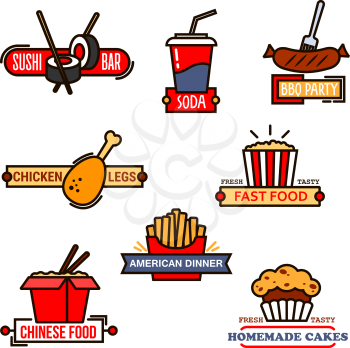 Fast food cafe and sushi bar, grill menu and bakery symbols with thin line icons of chinese food, french fries and popcorn, soda cup and grilled sausage, sushi roll with chopsticks and chicken leg, de