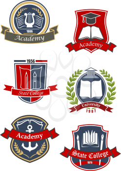 Education heraldic emblems and icons for university, college and academy with books and pens, paint brushes, greek lyre and temple building, marine anchor and graduate cap on shields, supplemented by 