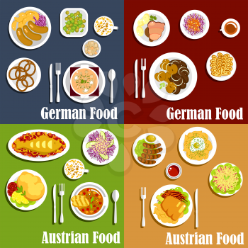 Traditional austrian and german cuisine with grilled sausages and fried potatoes, red cabbage salads, baked fish and meat, thick soups and spaetzle noodles, egg souffle, pretzels and walnut cakes