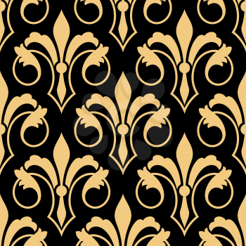 Seamless golden heraldic floral pattern with stylized retro fleur-de-lis ornament on black background. Luxury royal pattern for interior or textile, wallpaper or scrapbook page design 