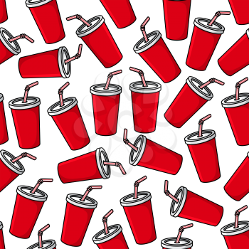 Fast food soft drink background with seamless pattern of red paper cups of sweet soda beverage and striped drinking straws. Takeaway menu background or cafe interior design