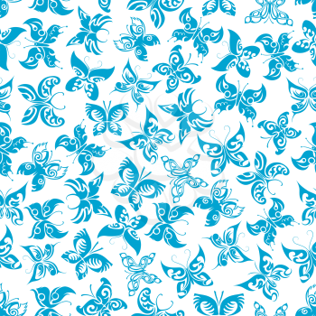 Blue butterflies seamless pattern of flying fragile insects with ornamental wings and curly antennae on white background. Nature background, fabric print or wallpaper themes design 