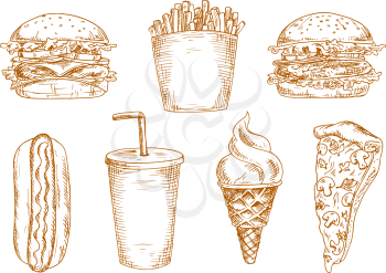 Hamburger and cheeseburger with lettuce and fresh vegetables, sweet soda cup and grilled hot dog, italian pizza, french fries and ice cream cone. Use as fast food lunch menu, junk drink and dessert de