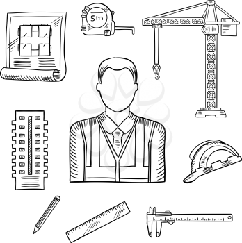 Builder or engineer pprofession sketch icons with male builder, encircled by hard hat and measure tape, construction blueprint and multi storey building, ruler and pencil, tower crane and vernier cali