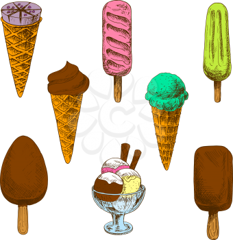 Chocolate, mint and blueberry ice cream cones sketches with strawberry and fruit popsicles, chocolate covered vanilla ice cream and ice cream sundae dessert with whipped cream