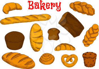 Rye bread and wheat long loaves, french baguette and croissants, cinnamon roll, cupcake with raisins, sweet braided buns and bavarian pretzel. Bakery and pastry sketches