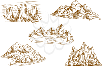 Retro sketched mountains icons with landscapes of high cliffs and hills, rocky ridge and summit, tower rocks and mountain valleys with winding roads. Great for hiking tourism, rock climbing symbols or