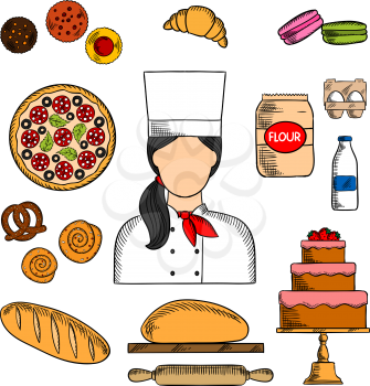 Female baker in chef uniform with colored sketch icons of chocolate cake, topped with strawberries, cupcakes, fresh bread, italian pizza, croissant, macarons, cinnamon rolls, pretzel, dough, milk, flo