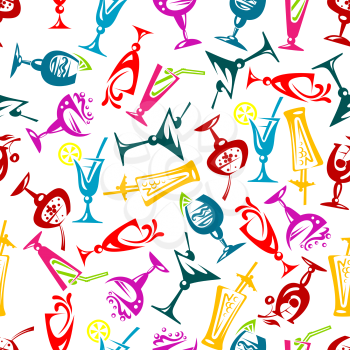 Colorful seamless pattern of bright sketched cocktails, decorated by cherries, lemons and limes fruits, umbrellas and drinking straws on white background. Cocktail party theme or food and drink design