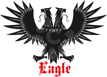 Royal double headed black heraldic eagle symbol with outstretched legs and wings with medieval stylized pointed feathers and caption Eagle below. May be use as tattoo, t-shirt or coat of arms design