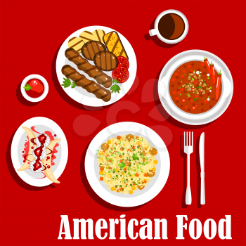 American dinner icon with jambalaya with rice and meat balls, vegetarian chilli, grilled beef steaks with sliced vegetables and ketchup, coffee served with banana split dessert, topped with whipped cr