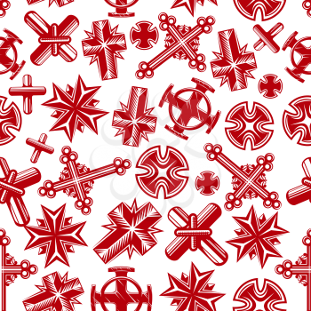 Ancient religion crosses seamless background with red pattern of christian crucifixes of catholic, orthodox, lutheran and anglican churches. Religion, church, culture, art theme design