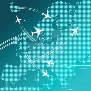 Air travel and tourism design for transportation industry, vacation planning, business trip concept with white silhouettes of airplanes flying over abstract map of Europe, composed of blue dots 