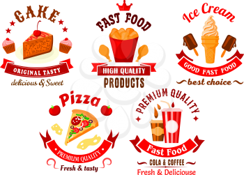 Fast food and pastry cartoon bright symbols with italian pizza, fried chicken legs, takeaway cups of coffee and soda drinks, ice cream, cake and cupcakes, supplemented by red retro ribbon banners, sta