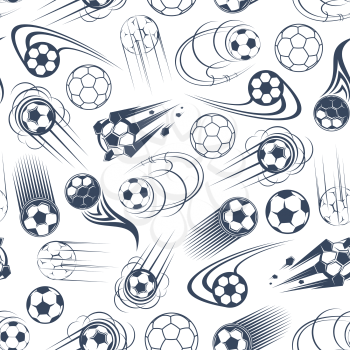 Football sport game pattern with gray and white seamless background of speed flight of soccer balls with curved and power motion trails. Sporting games, competition theme and scrapbook page backdrop d