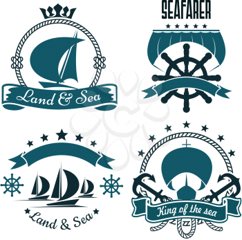 Romantic sailing ships blue symbols for marine sport or yacht club design, supplemented by helms, anchors, sails, ropes and ribbon banners with stars and crown 