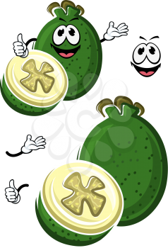 Ripe flavorful cartoon australian feijoa fruit with dark green waxy peel and wavy flower cup on the top. Cheerful tropical fruit character design for recipe book, exotic cocktail, vegetarian food them
