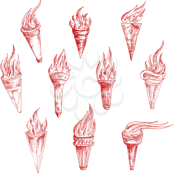 Flaming torches red sketch drawings in vintage engraving style with carved decorative elements on handles. Addition to ancient history, sporting achievements, victory, peace concept 