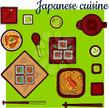 Popular oriental seafood dishes of japanese cuisine colorful sketch icon with noodles topped with spicy prawn, assortment of sushi rolls filled with salmon, avocado and caviar, shrimp curry soup, wasa