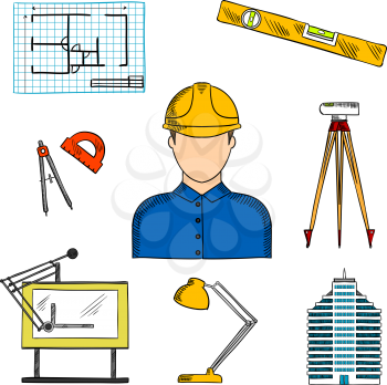 Architect or engineer in hard hat icon for construction industry design usage with colored sketches of blueprint of building project, multi storey building, automatic level, compasses, level ruler, dr