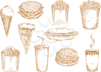 Takeaway paper cups of hot coffee and sweet soda, pepperoni pizza with mushrooms, hamburger, cheeseburger and hot dog sandwiches, boxes of french fries, ice cream cone and popcorn sketch symbols. Fast