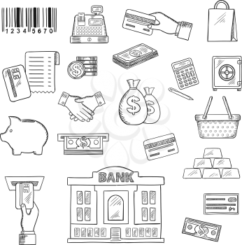 Money, banking services and shopping sketch symbols for business, finance and retail theme design with dollar bills and coins, piggy bank, credit bank cards, atm, money bags, calculator, safe, gold ba