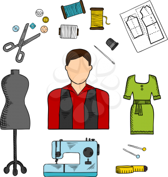 Fashion designer with sewing tools symbol for professions of service industry design with scissors, needles and pins, threads, sewing machine, mannequin, tailor tape measure, buttons and thimble, gree