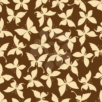 Yellow butterflies silhouettes seamless pattern of dainty insects with open wings randomly scattered over brown background. Use as retro wallpaper or interior textile design usage