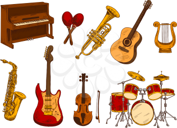 Classical orchestra musical instruments retro sketch with colorful upright piano, electric and acoustic guitars, violin, drum set, saxophone, trumpet, lyre and maracas. Concert playbill or music theme