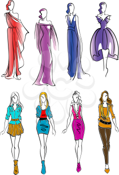 Elegant silhouettes of fashion models sketch icons with young women wearing colorful cocktail and evening dresses and modern casual outfits. Great for fashion and art theme design