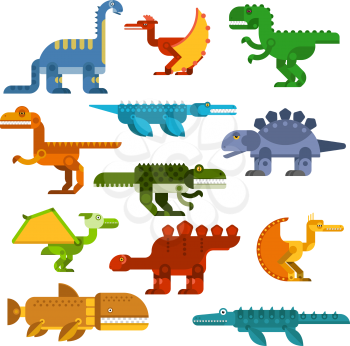 Colorful cartoon dinosaurs with flat symbols of pterodactyls, tyrannosaurus rex, brontosaurus, velociraptor, stegosaurus and prehistoric aquatic reptiles. Great for dino mascot, t-shirt print or child
