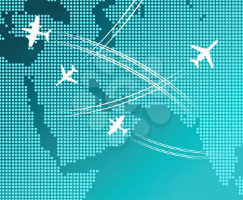 Passenger and cargo airplanes flying in blue sky with white flight tracks over abstract map. May be use as travel by plane concept, business trip or transportation service design