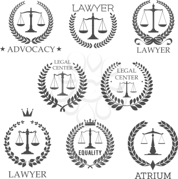 Scales of justice in laurel wreath frames retro symbols for lawyer service, law office, legal center, advocacy design templates, adorned by stars, crowns and ribbon bow design elements