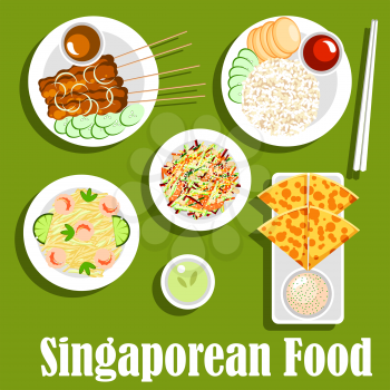 Singaporean national cuisine icon with roti prata bread with tartar sauce, grilled beef satay, served with peanut sauce and cucumbers, vegetable salad with smoked salmon, fried noodles with shrimps an