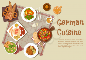 Authentic german cuisine flat icon with mixed grilled sausages platter, served with sauerkraut, pork stew, pea soup, pot roast, sandwiches with fresh vegetable salad, beer and basket of traditional br