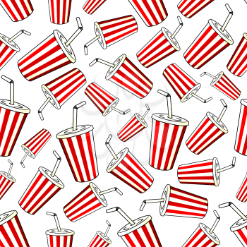 Takeaway soft drinks background with seamless pattern of red and white striped paper cups of sweet soda with caps and drinking straws. Fast food, cafe interior or fabric design usage