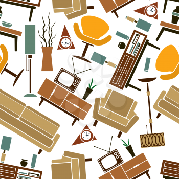 Retro furnitures and interior accessories seamless pattern on white background with randomly scattered sofas, armchairs, chests of drawers, lamps, wall clocks, tv sets, books and vases. Use as wallpap
